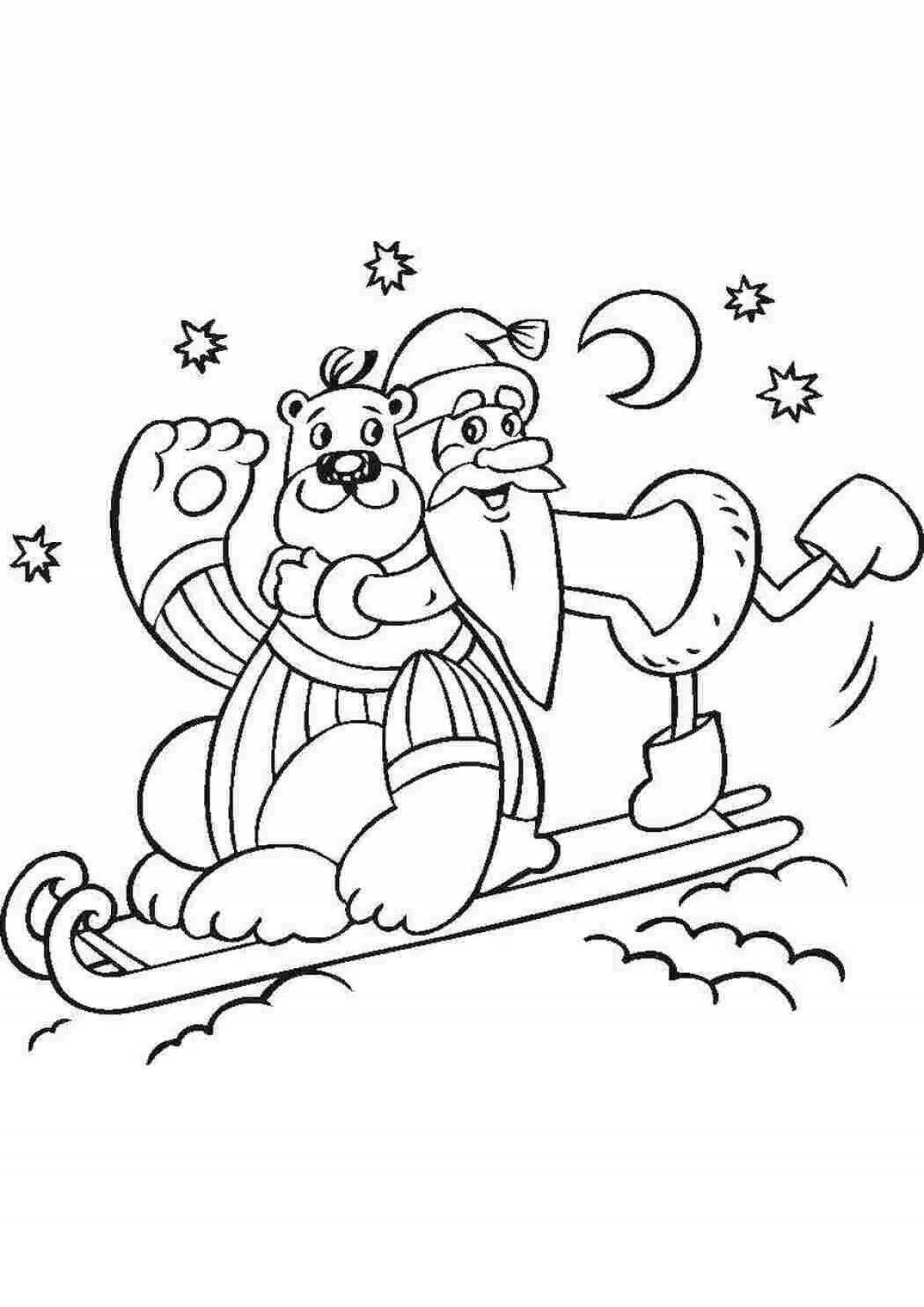 Colorful santa claus and animals coloring page