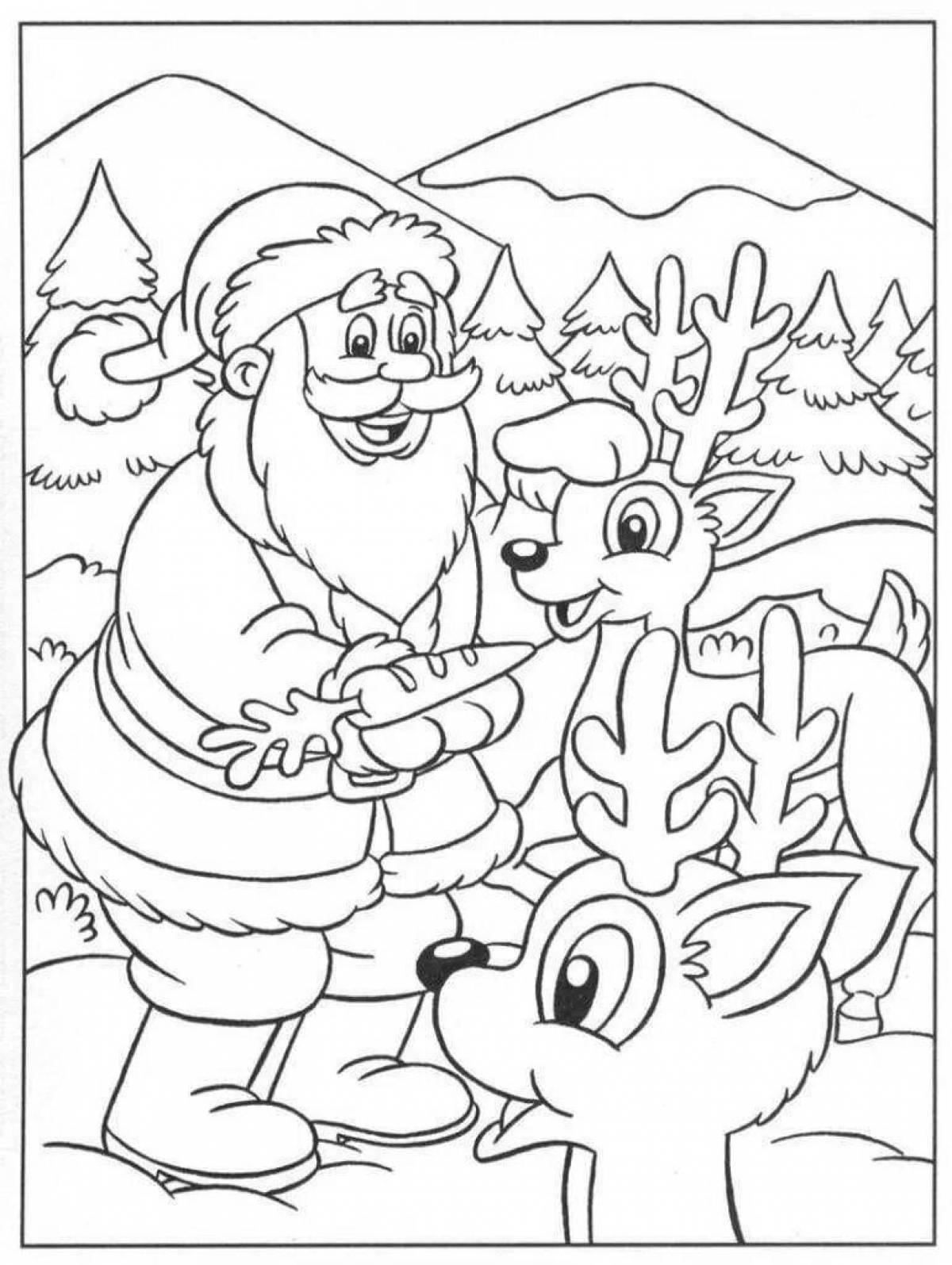 Coloring book animated Santa Claus and animals