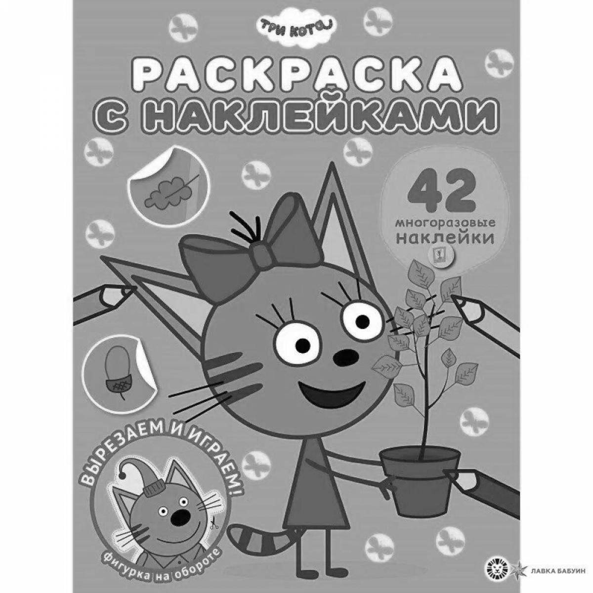 Sweet coloring book with three cats stickers