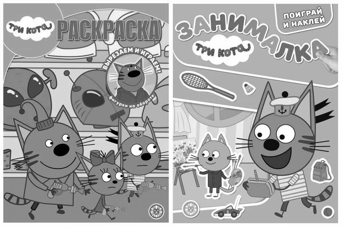 Colorful and fun coloring book with three cats stickers