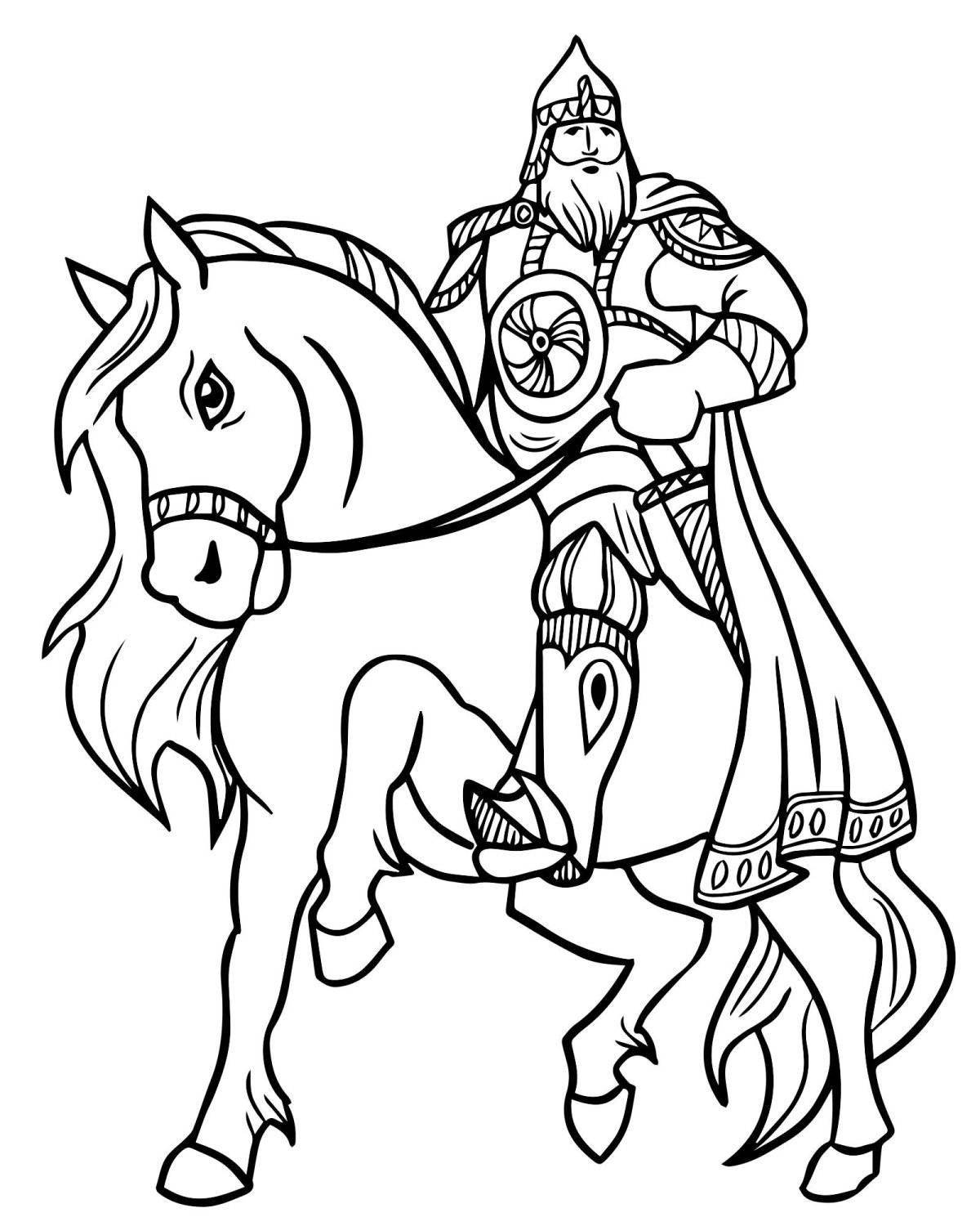 Coloring page luxurious Ilya Muromets on horseback