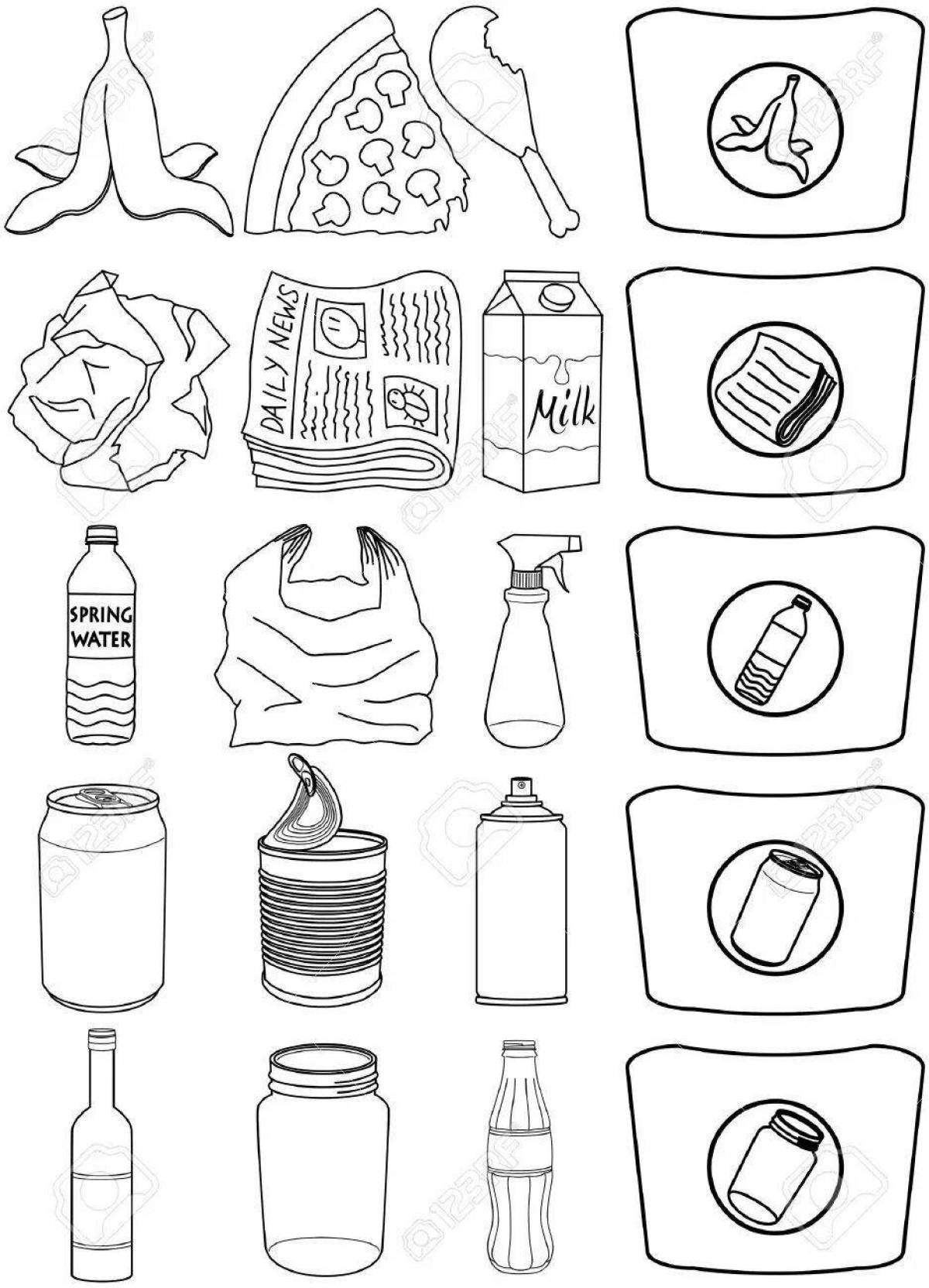 Colorful waste sorting coloring page for kids