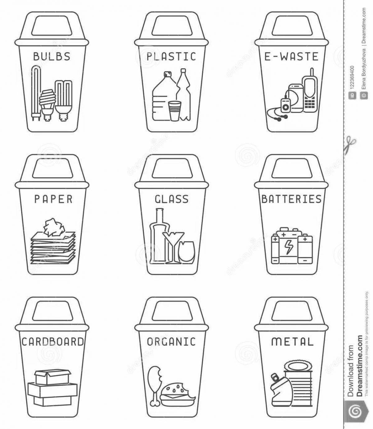 Colorful waste sorting coloring page for toddlers