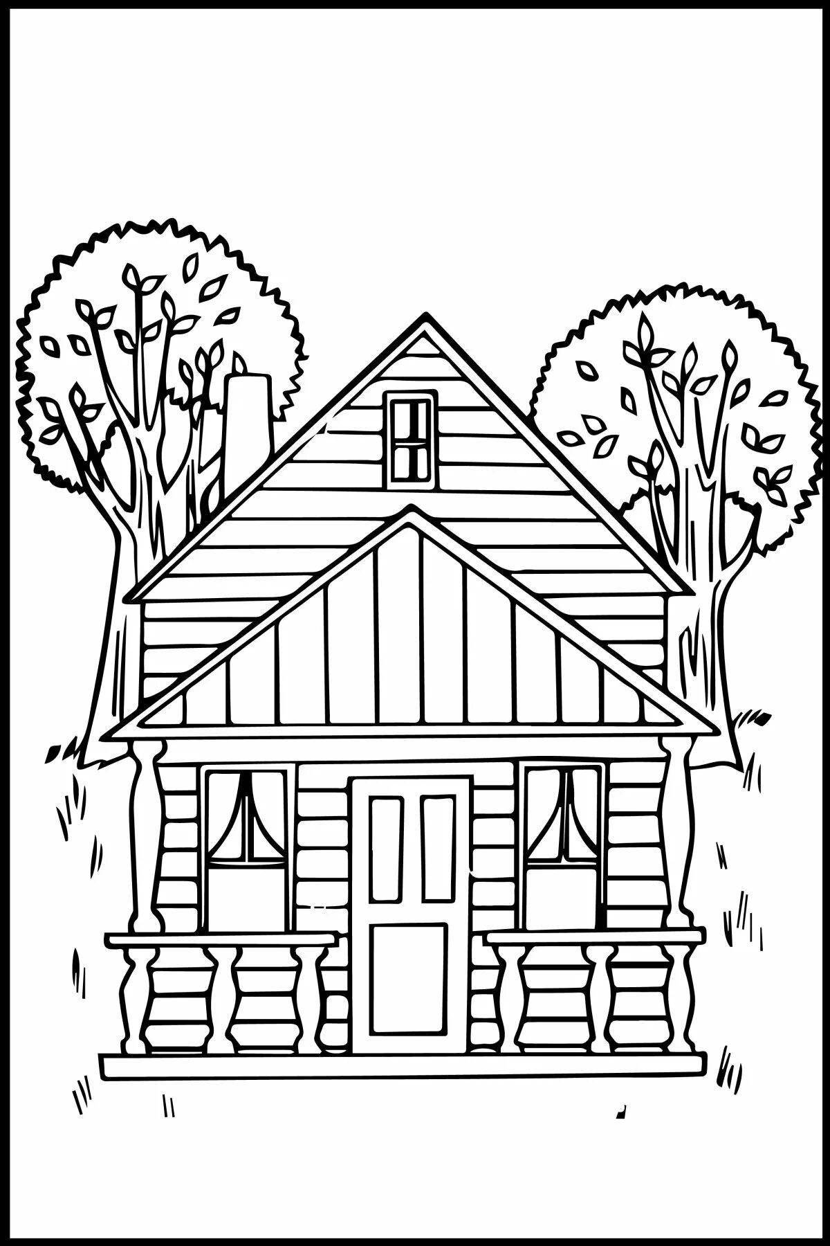 Cute wooden house coloring for kids