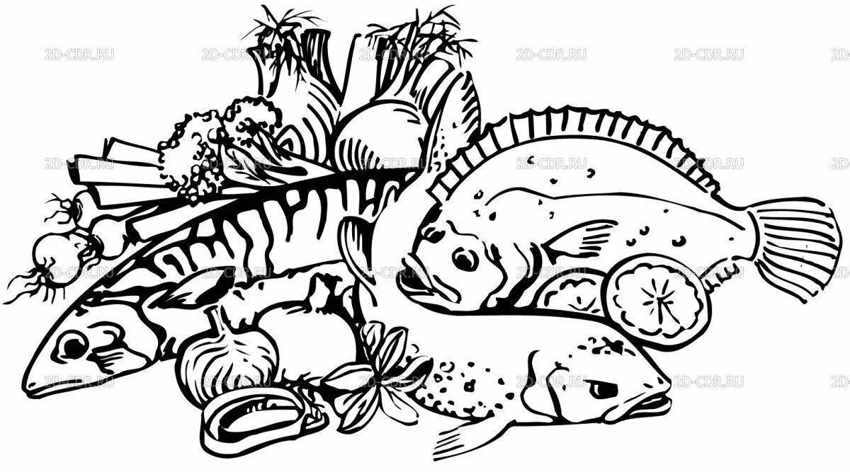 Яркая раскраска рыбные продукты для дошкольников