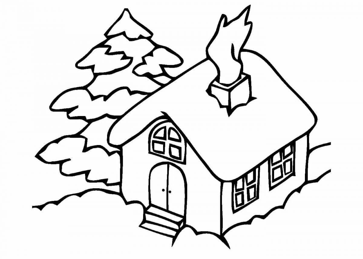 Безмятежная раскраска домик в лесу зимой