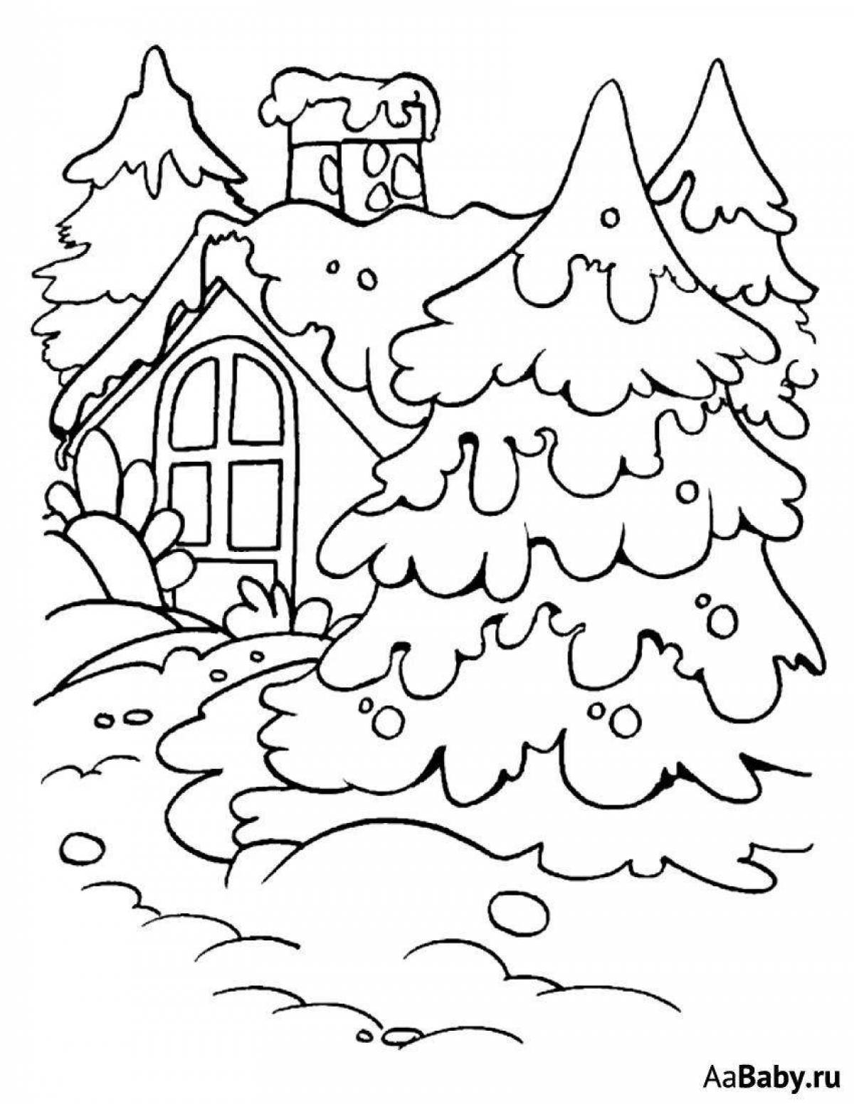 Увлекательная раскраска домик в лесу зимой