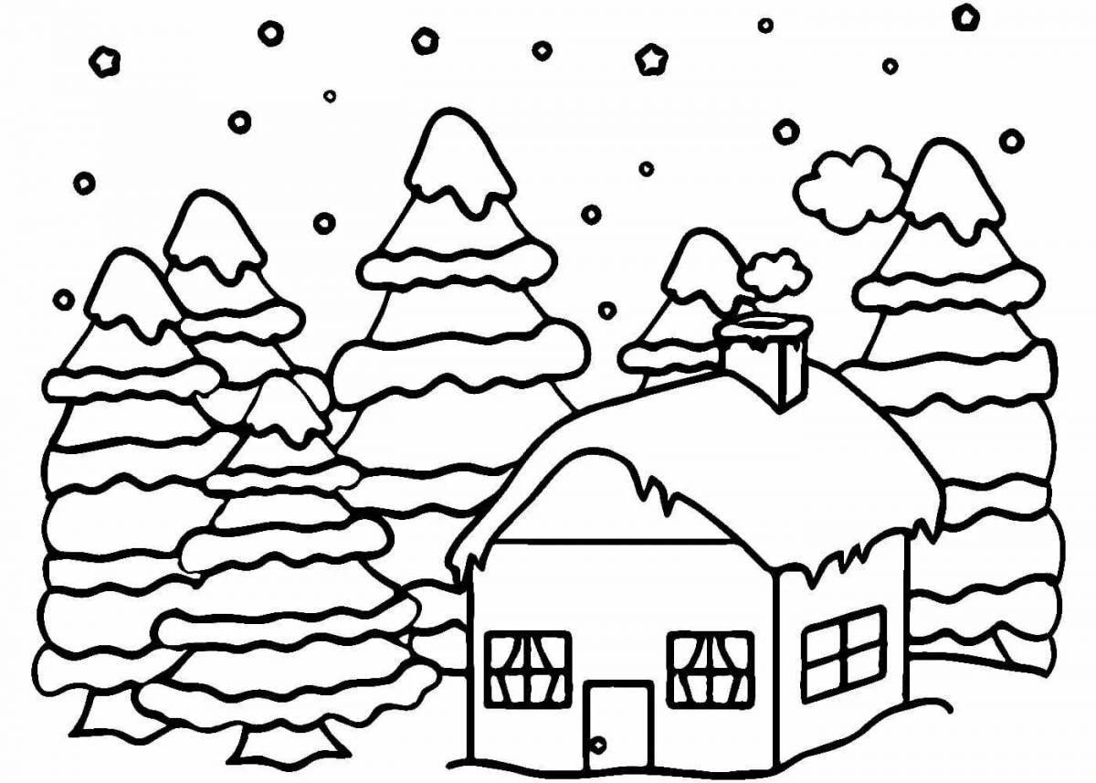 Красивая раскраска домик в лесу зимой