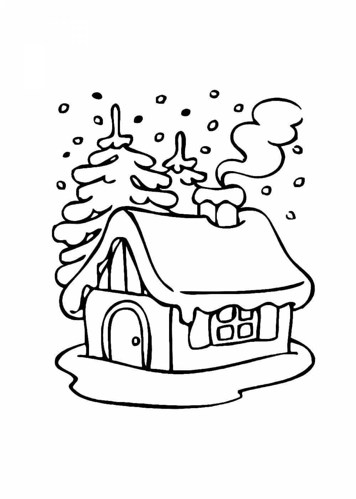 Успокаивающая раскраска домик в лесу зимой