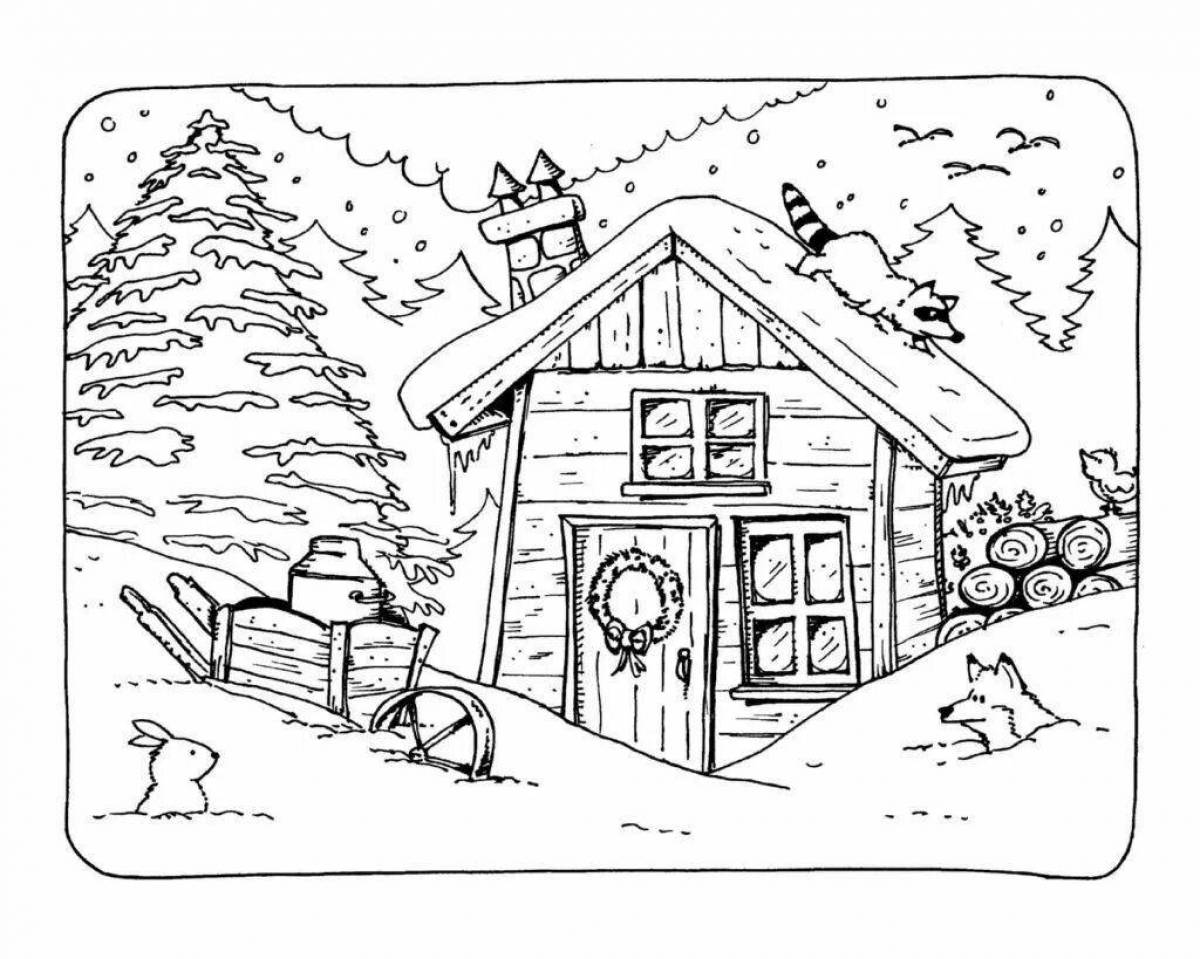 Гармоничная раскраска домик в лесу зимой