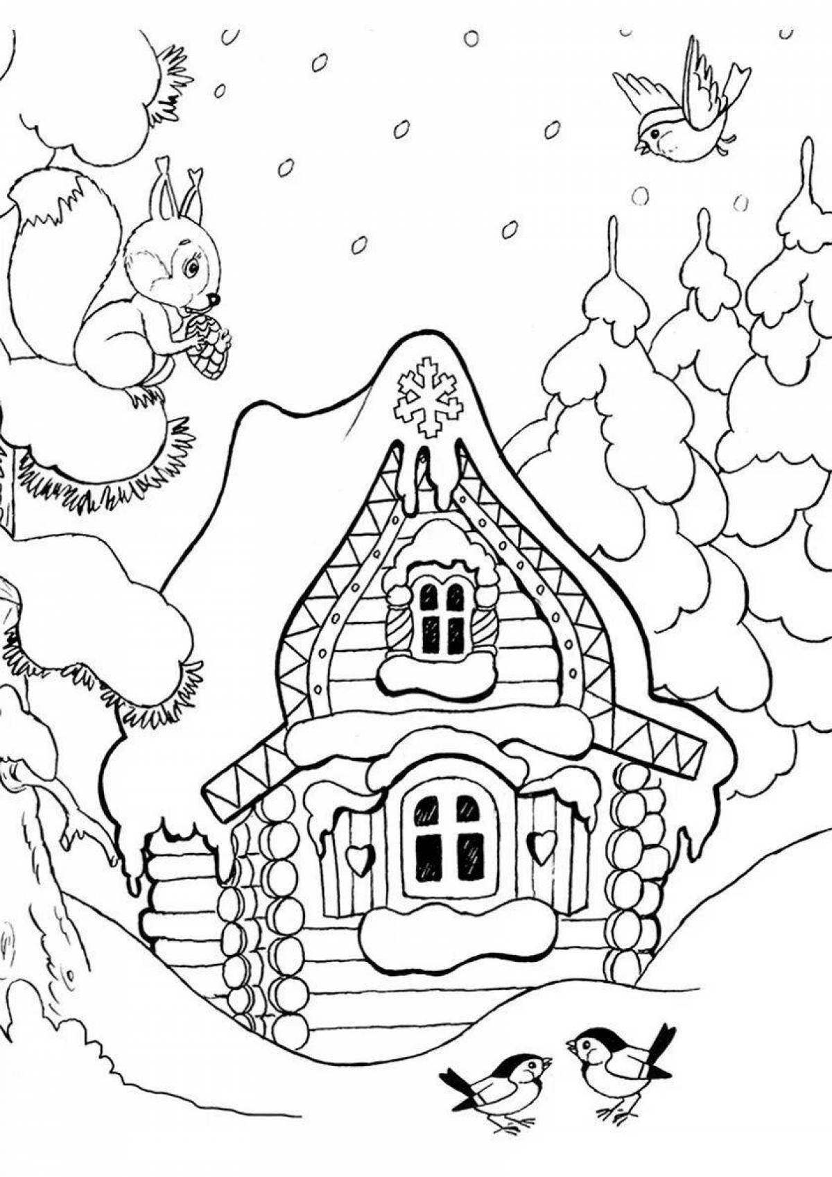 Раскраска exalted домик в лесу зимой