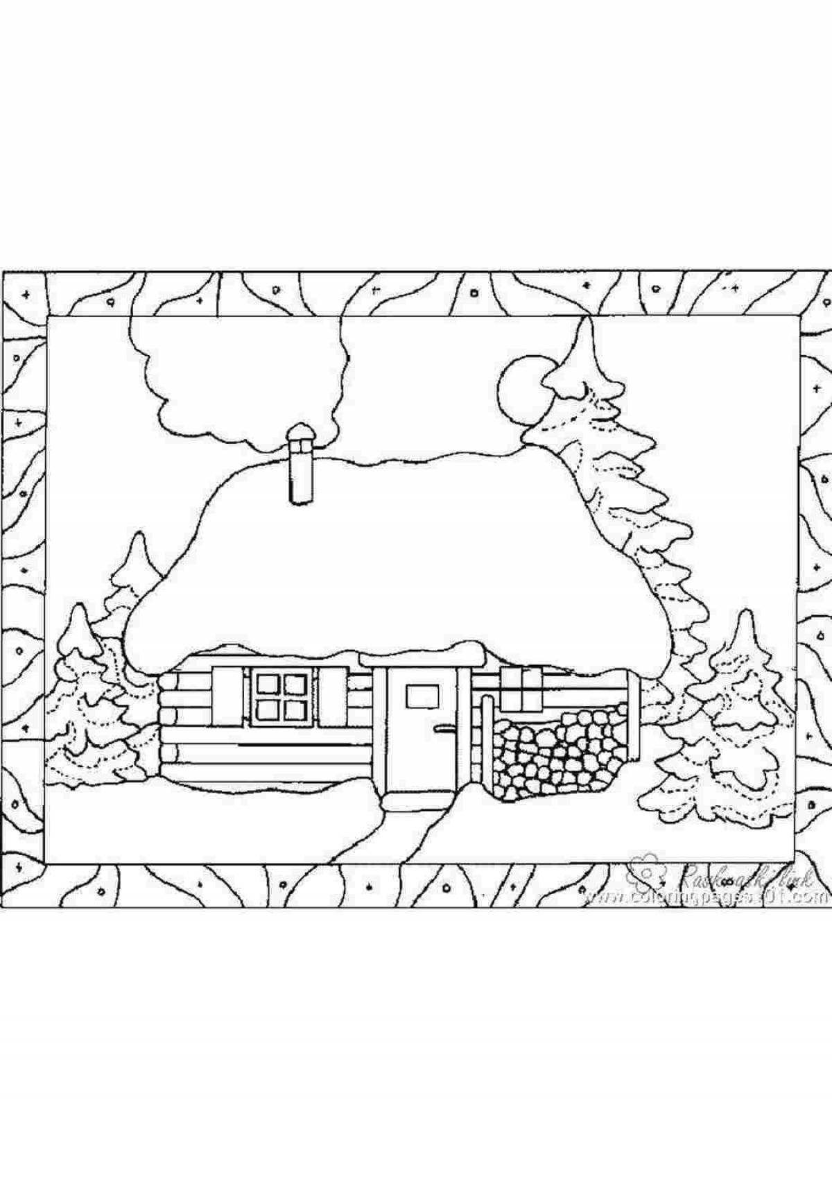 Раскраска величественный домик в лесу зимой