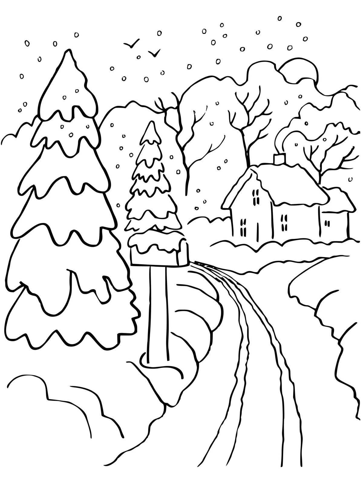 Величественная раскраска зимний пейзаж для детей