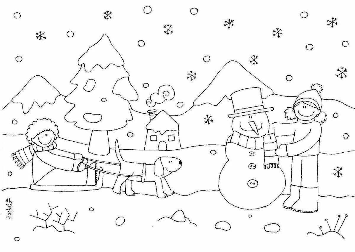 Exquisite winter landscape coloring book for kids