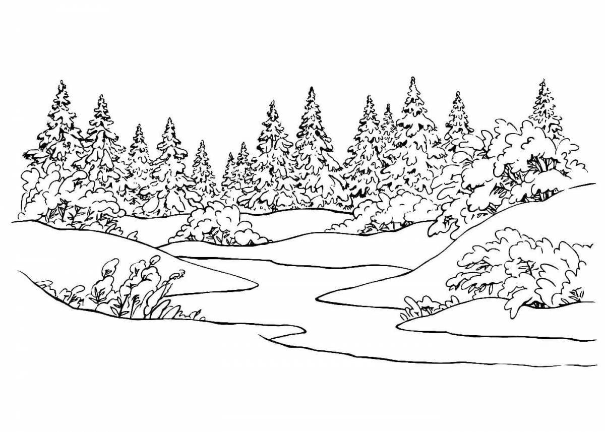 Joyful winter landscape coloring for kids