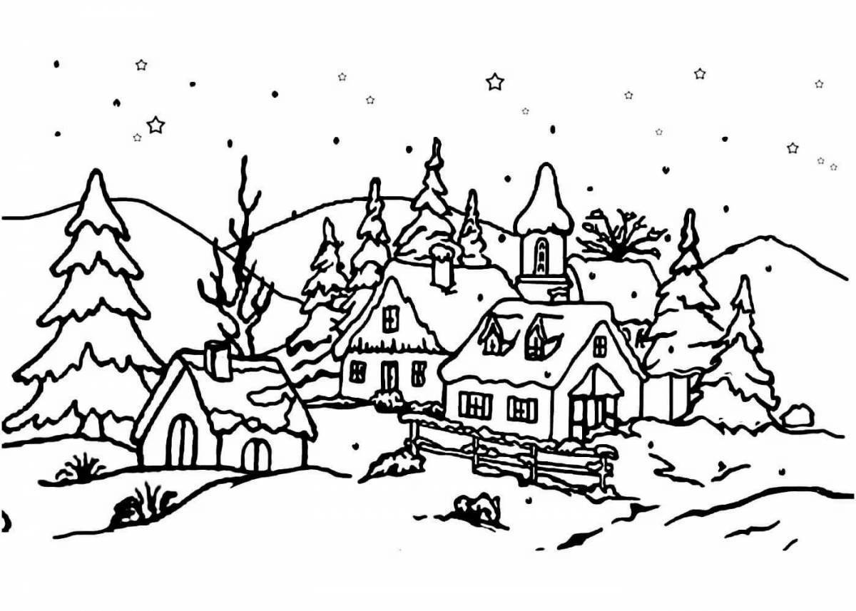 Peaceful winter landscape coloring for children