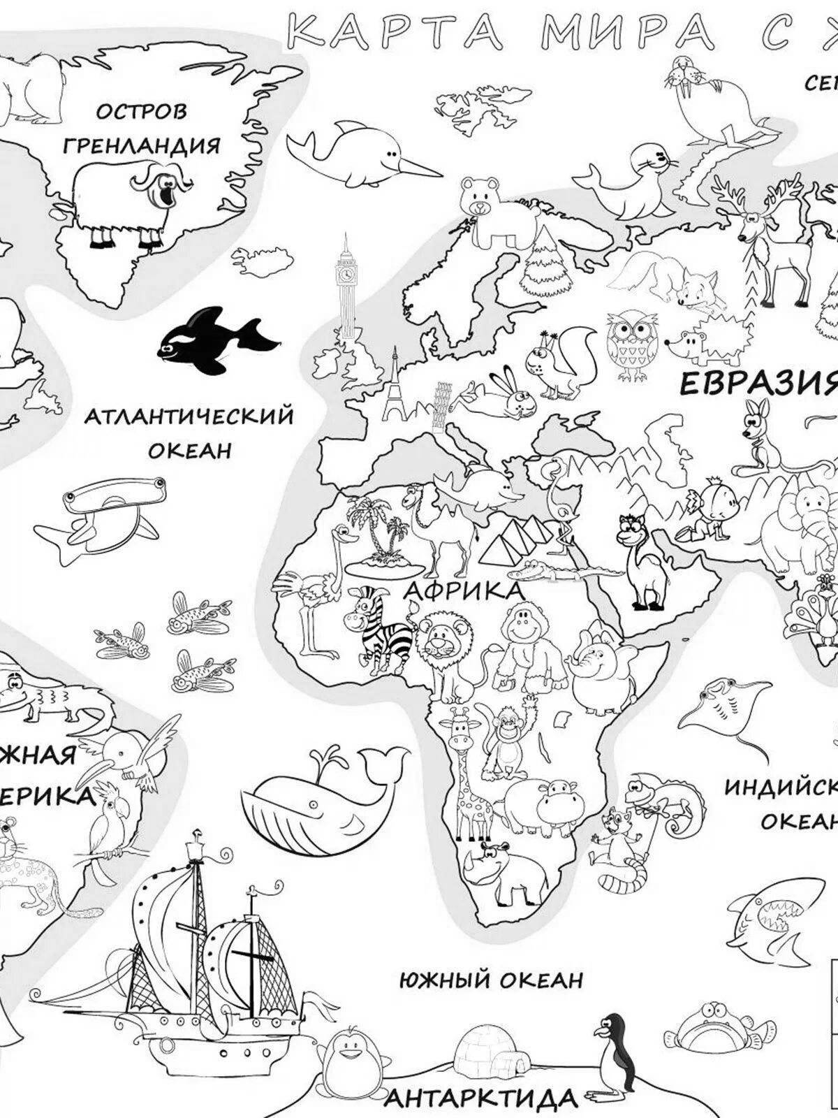 Unique map of the world with animals