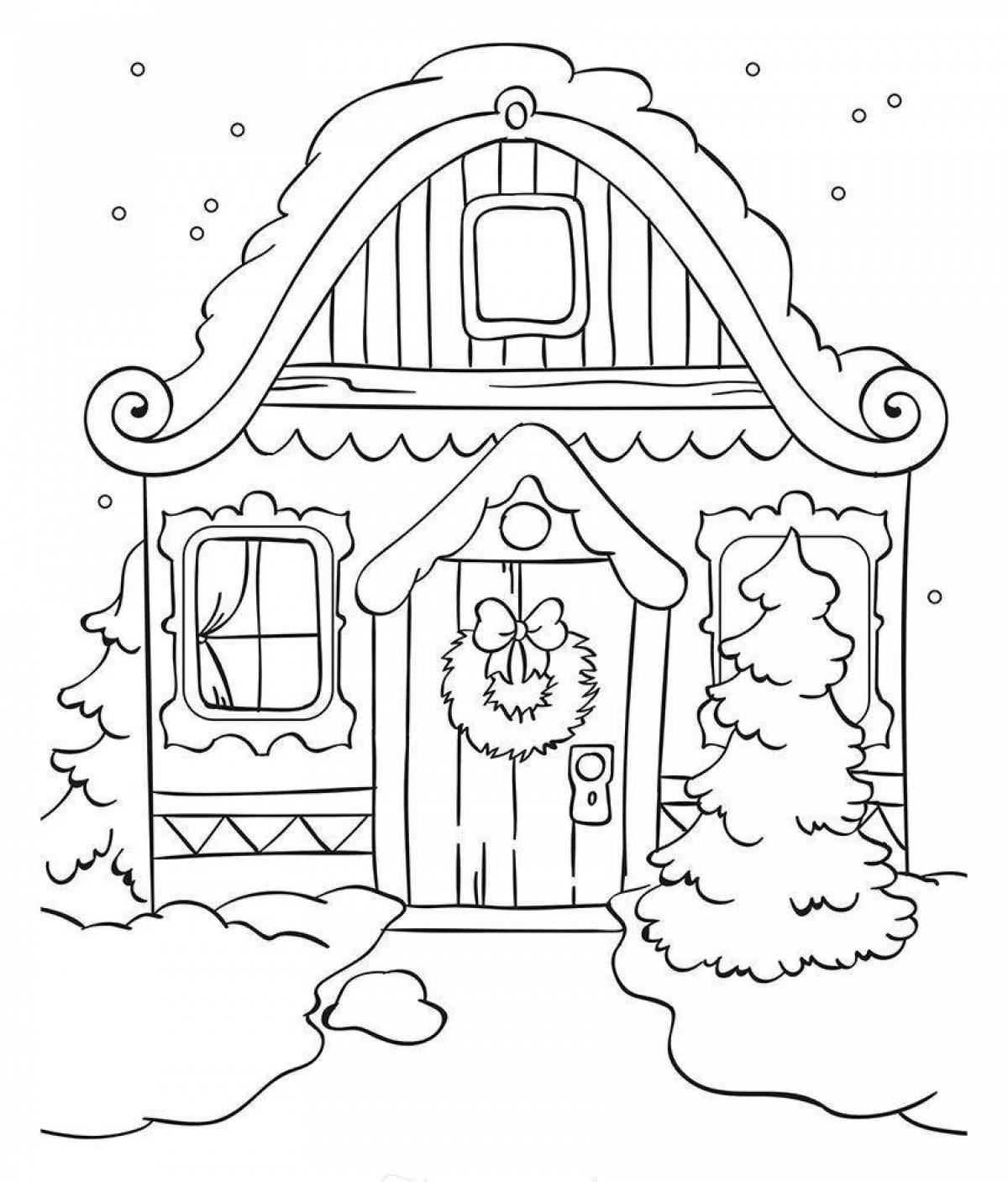 Playful winter house coloring page for kids