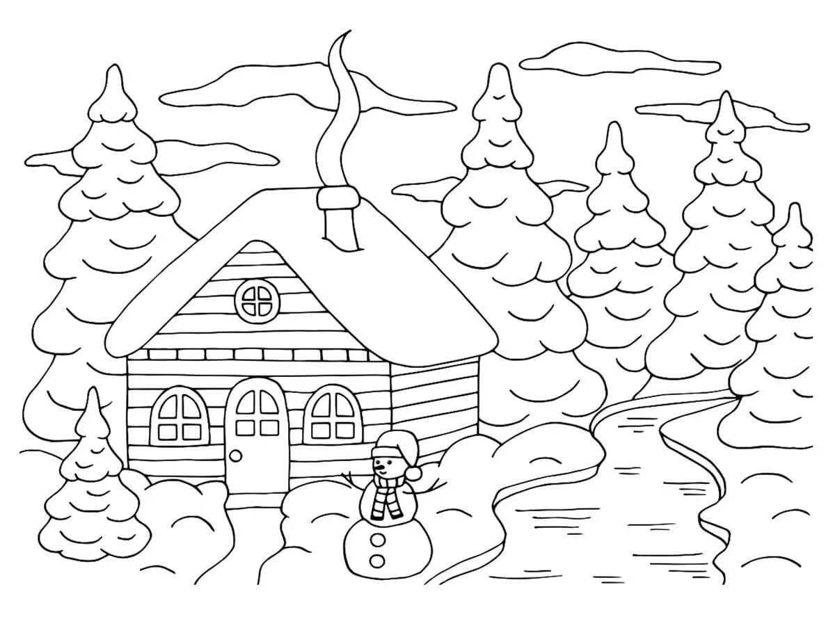 Причудливая раскраска зимний домик для детей