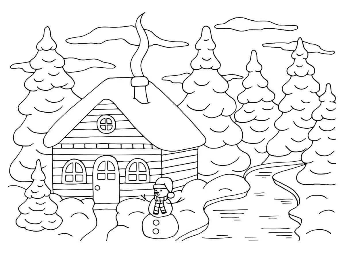 Photo Whimsical winter house coloring book for kids