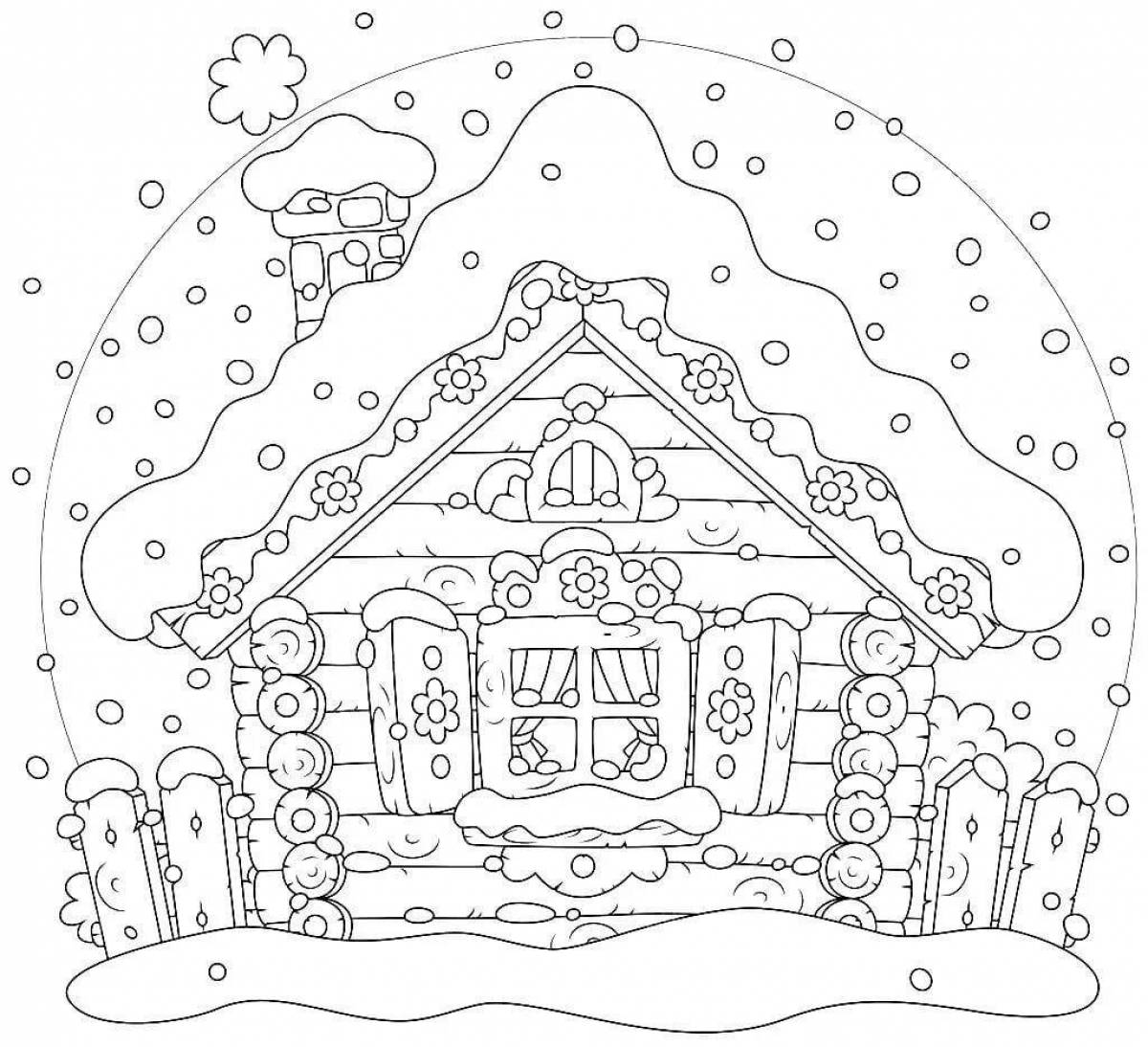 Живая раскраска зимний домик для детей