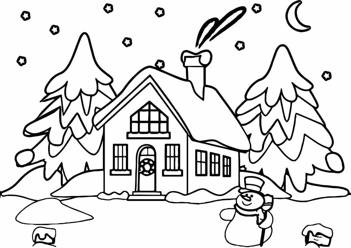 Забавная раскраска «зимний домик» для детей