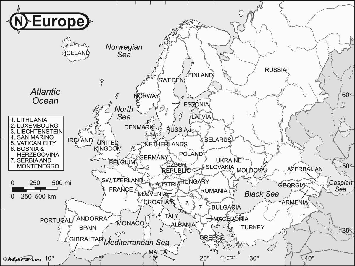 Large map of europe with countries