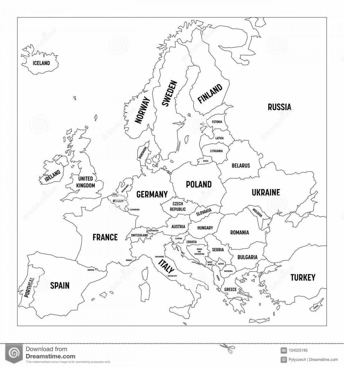 Контурная карта Европы со странами и столицами