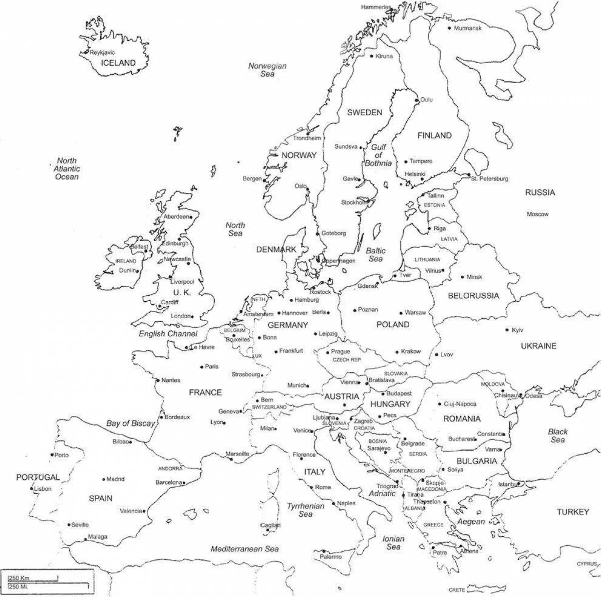 Карта Европы чёрно белая со странами