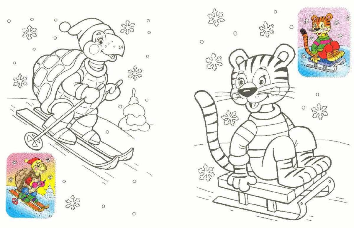 Забавная раскраска зимние виды спорта для детей