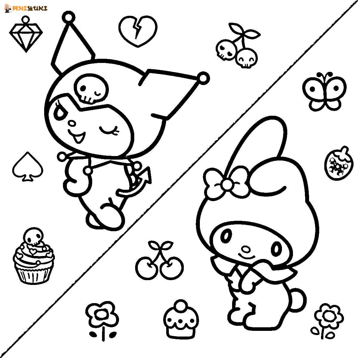 Lovely coloring hello kitty and kuromi