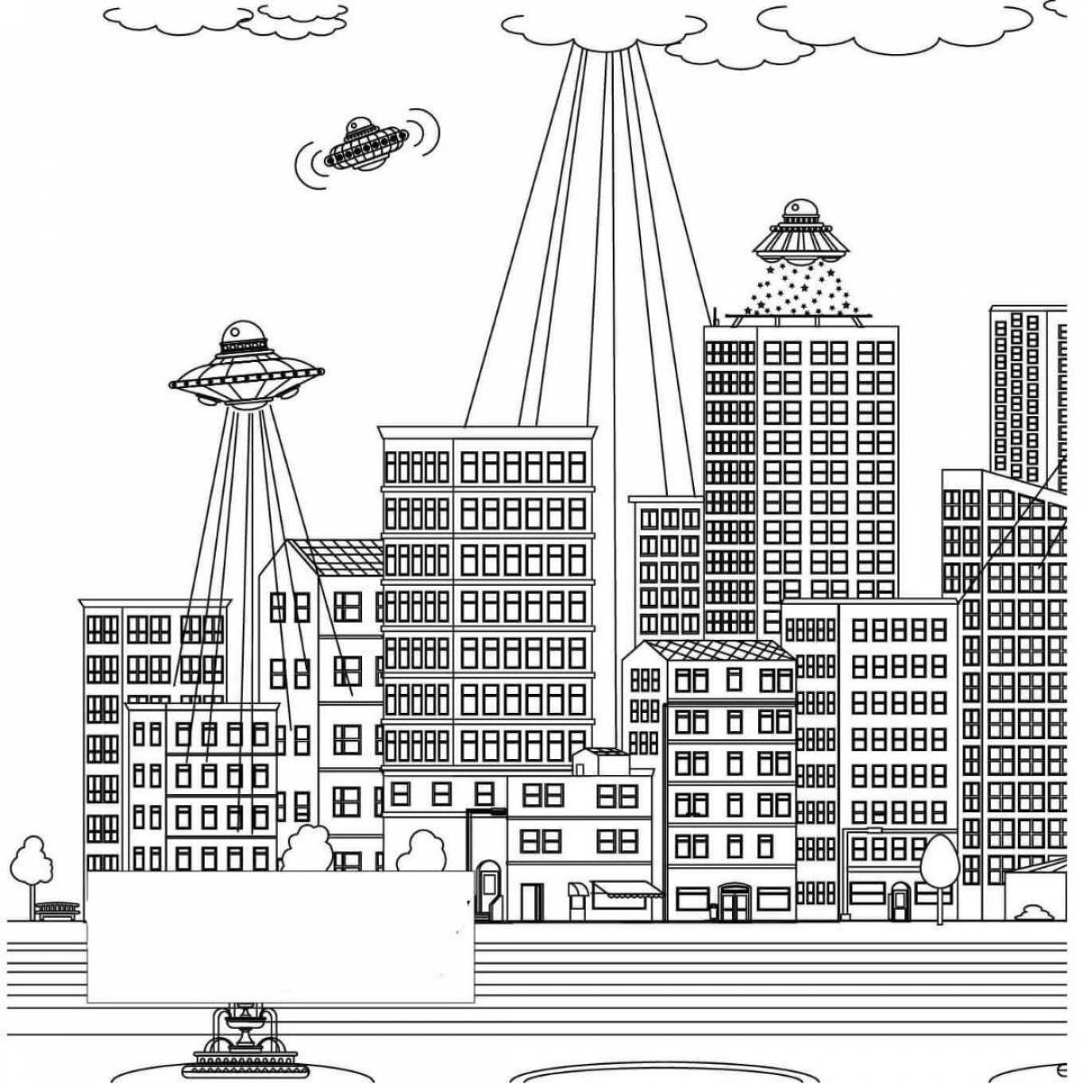Coloring book sparkling city of the future