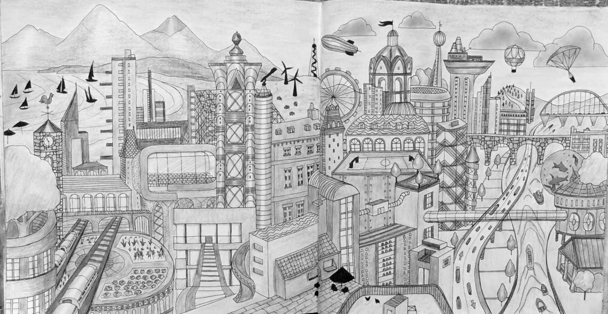 Coloring book glamorous city of the future