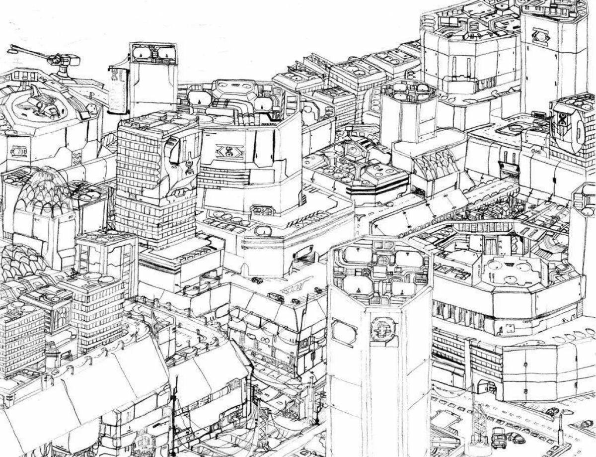 Coloring book blooming city of the future