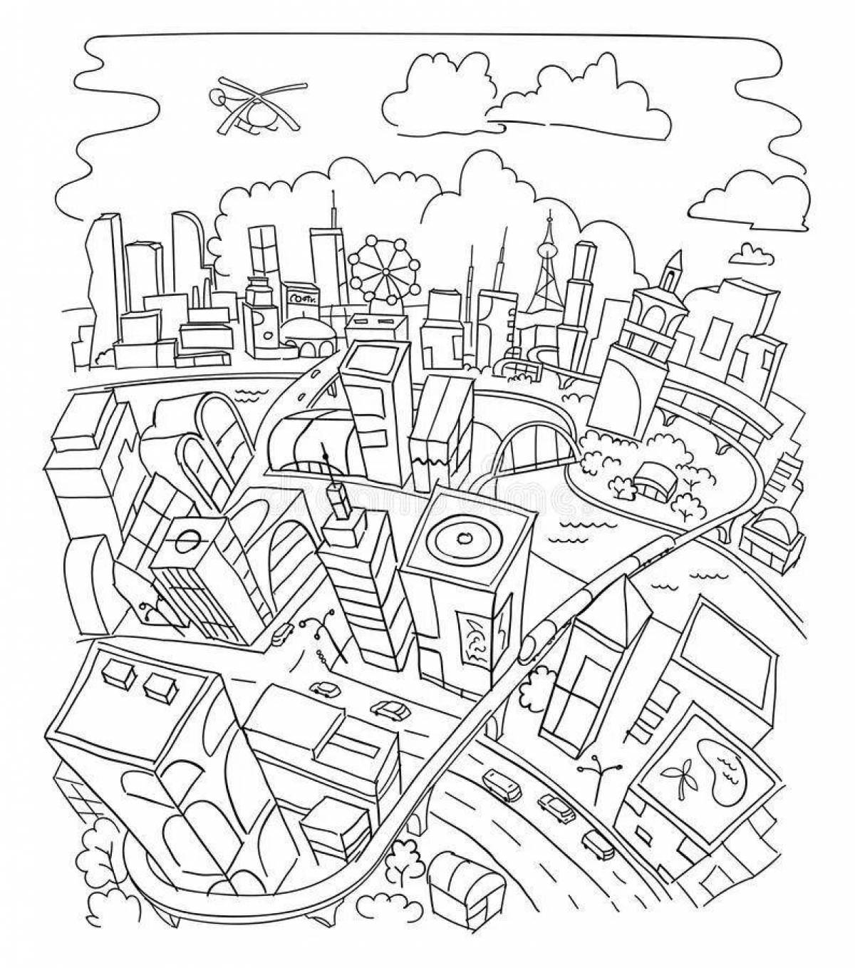 Colorful city of the future coloring book
