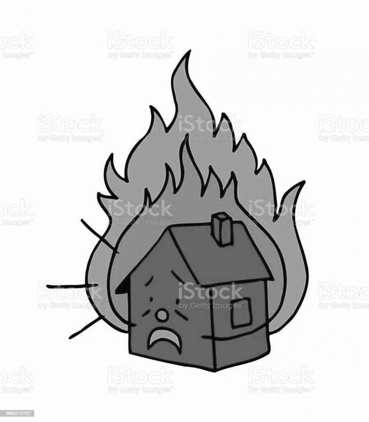 Coloring bright burning house for children