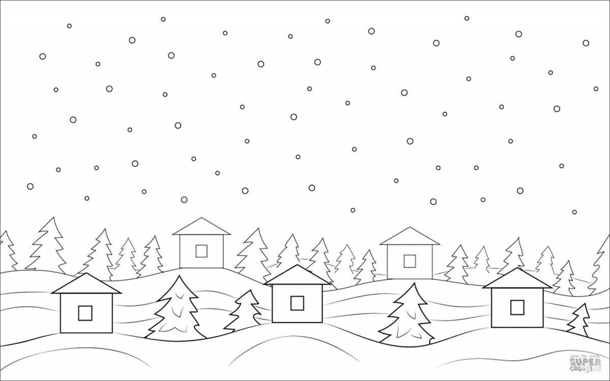 Coloring book glowing winter landscape