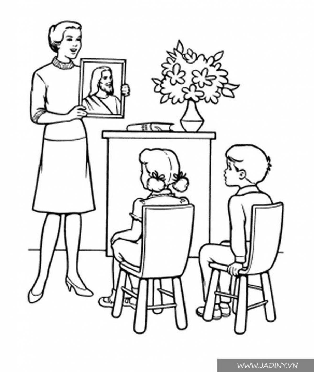 Coloring page cheerful teacher