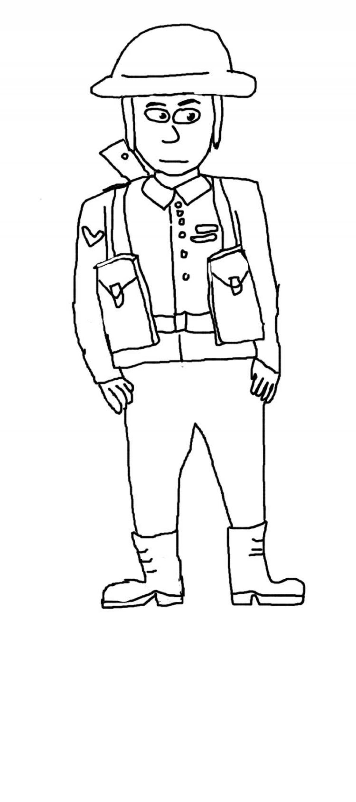 Funny soldier face coloring page for kids