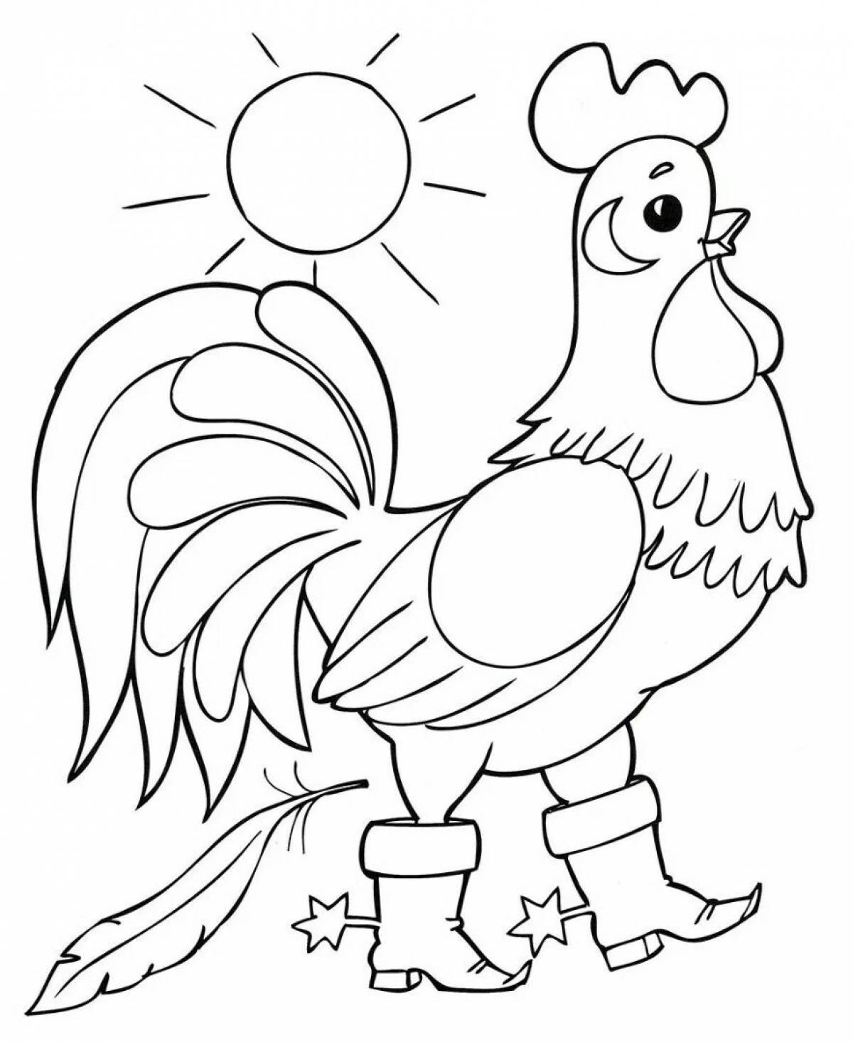 Colorful and lively drawing of a cockerel for children