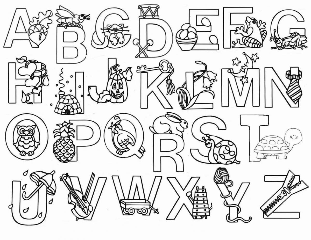 Colorful english alphabet coloring page for kids of all shapes