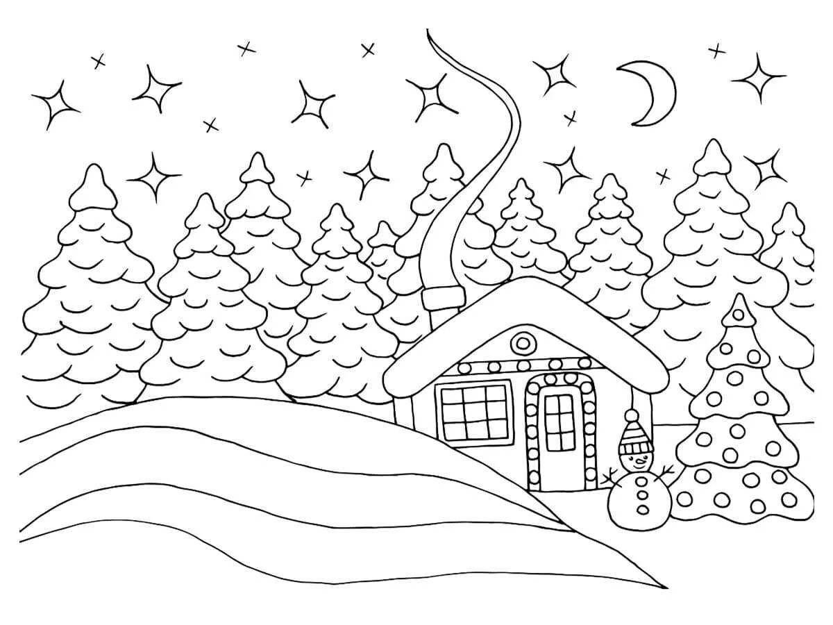 Зимний домик с елкой и снеговиком раскраска