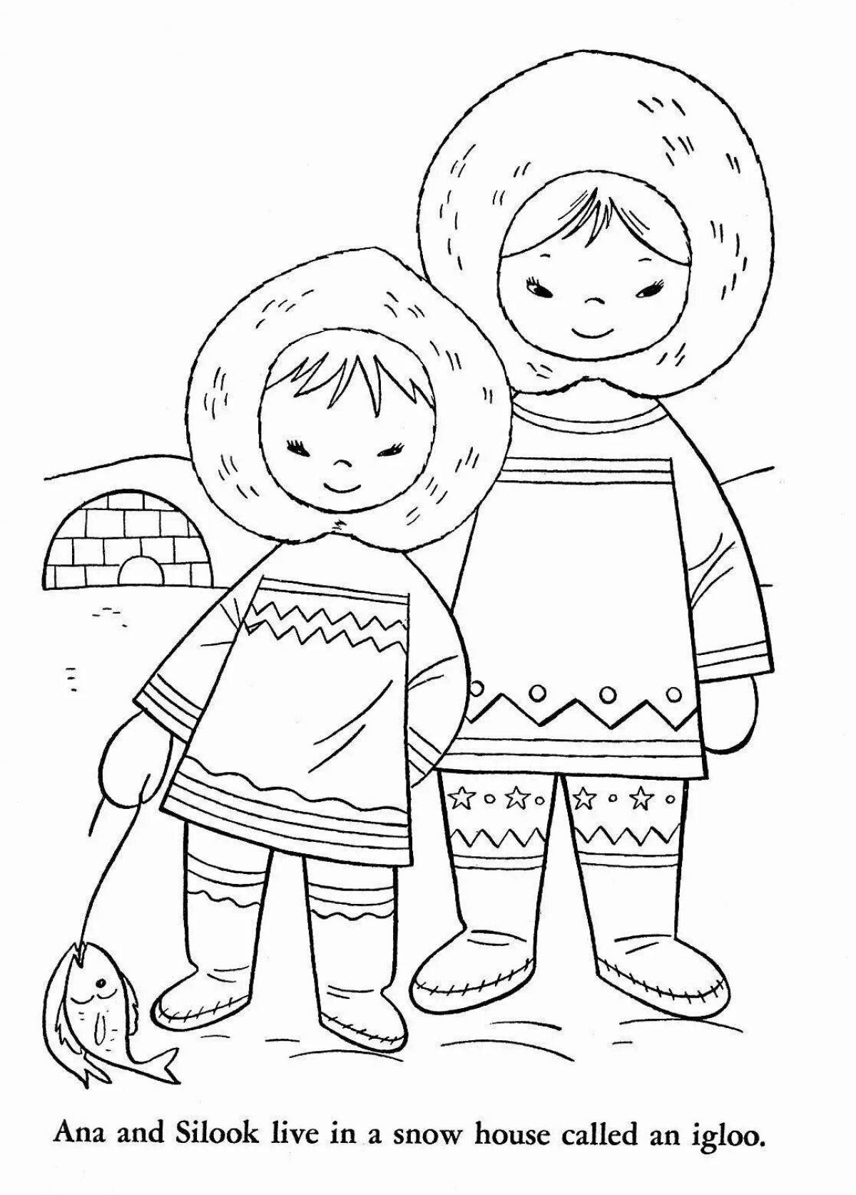 Coloring book playful Khanty and Mansi