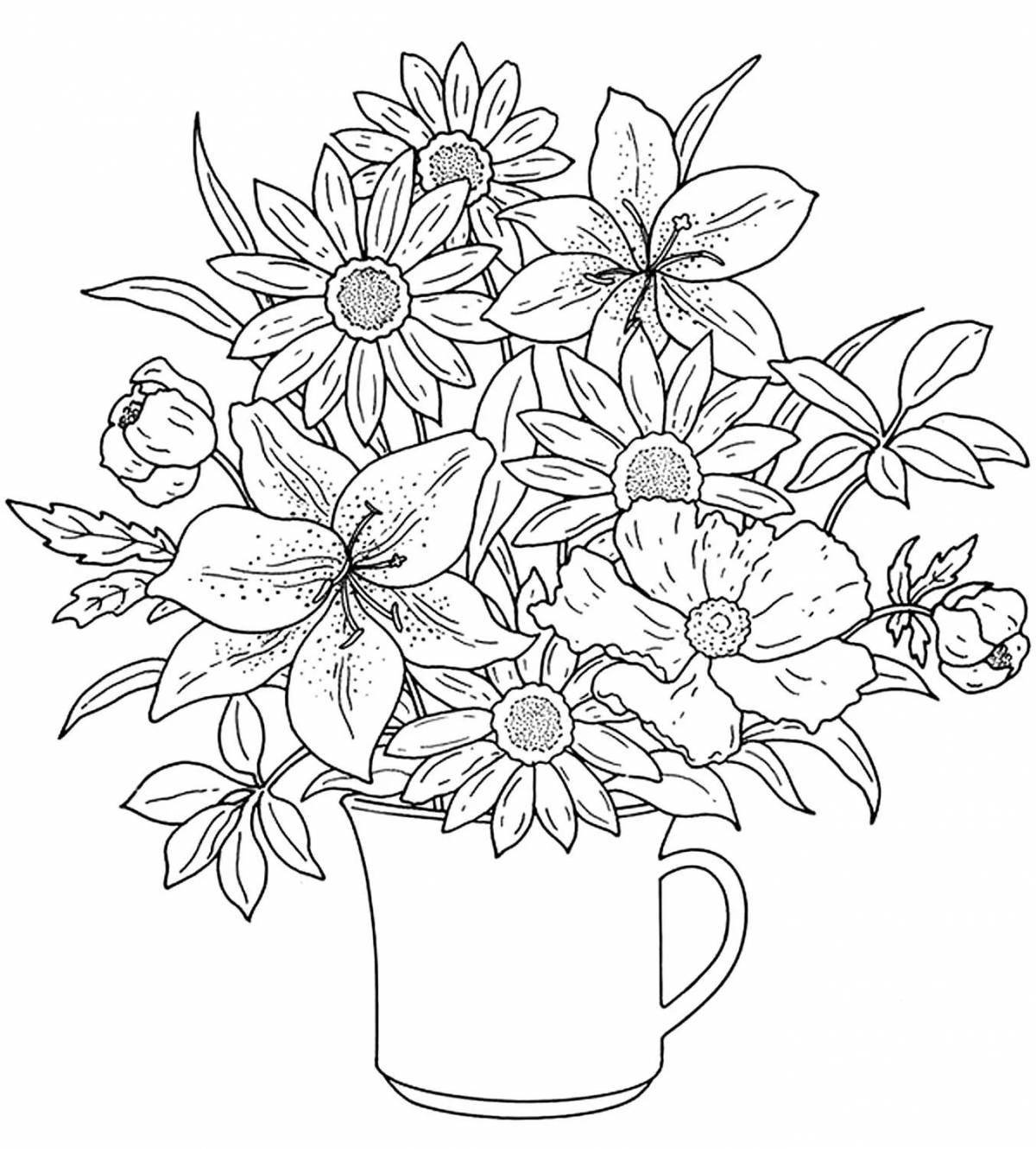 Delightful big flowers in a vase coloring book