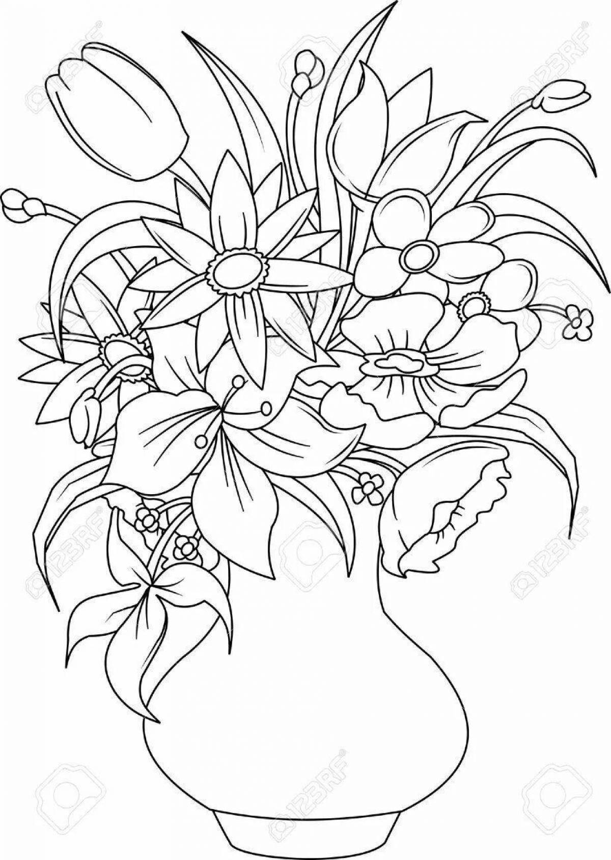 Charm of big flowers in a vase coloring book