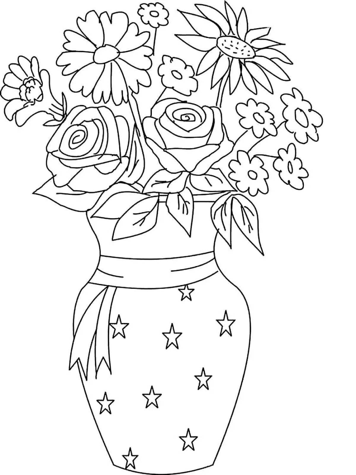 Brightly colored large flowers in a vase coloring book
