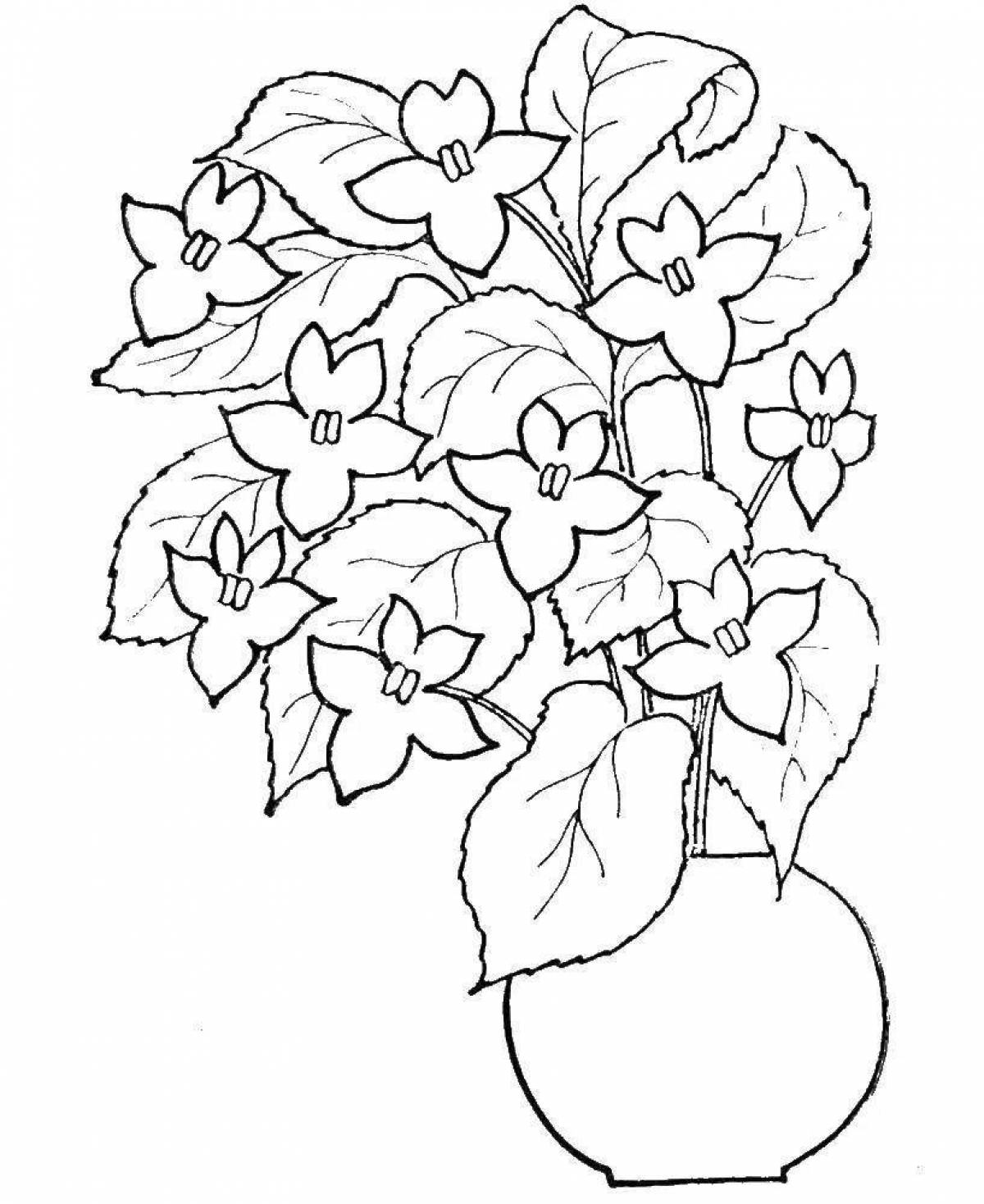 Coloring book luxurious large flowers in a vase
