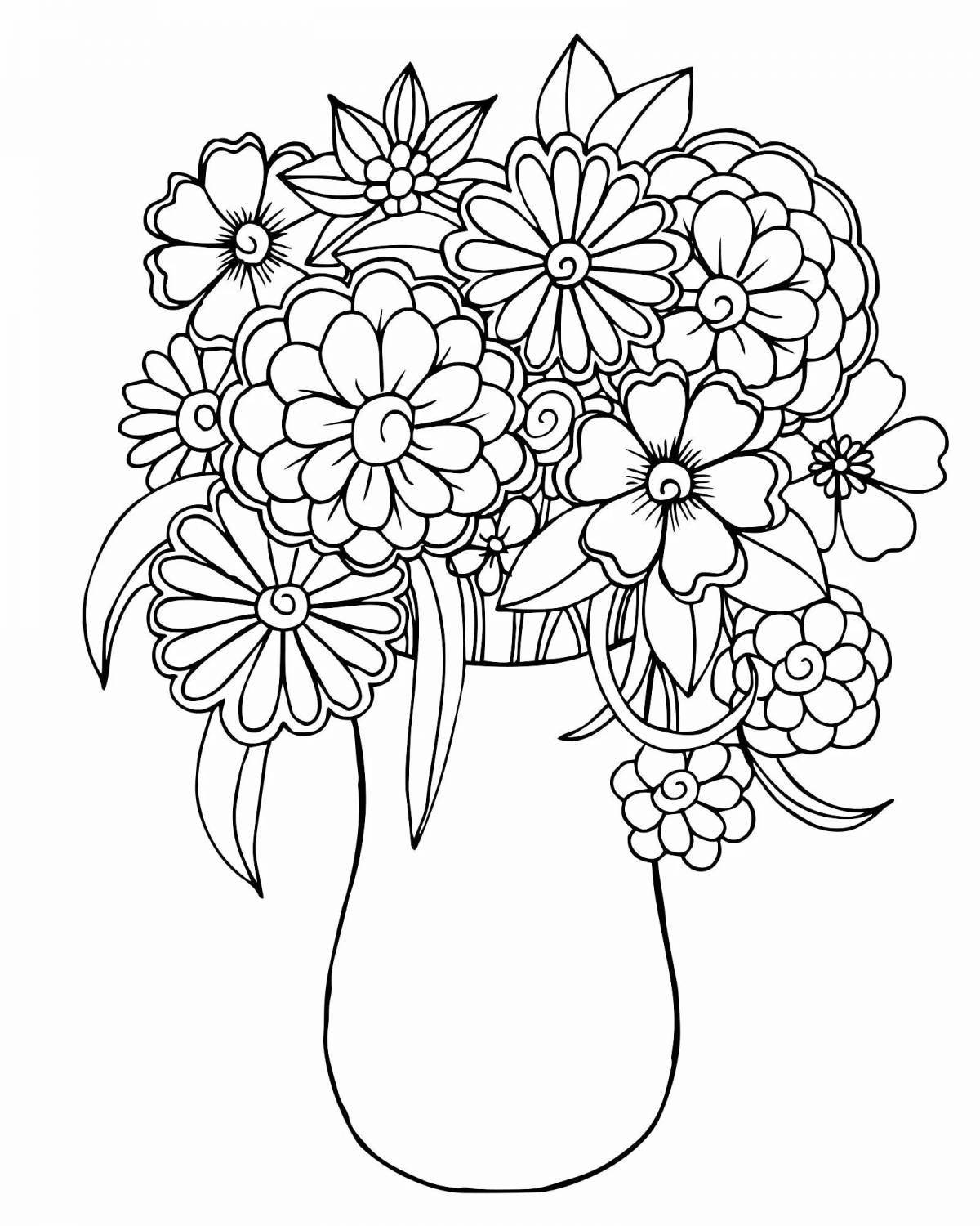 Elegant large flowers in a vase coloring book