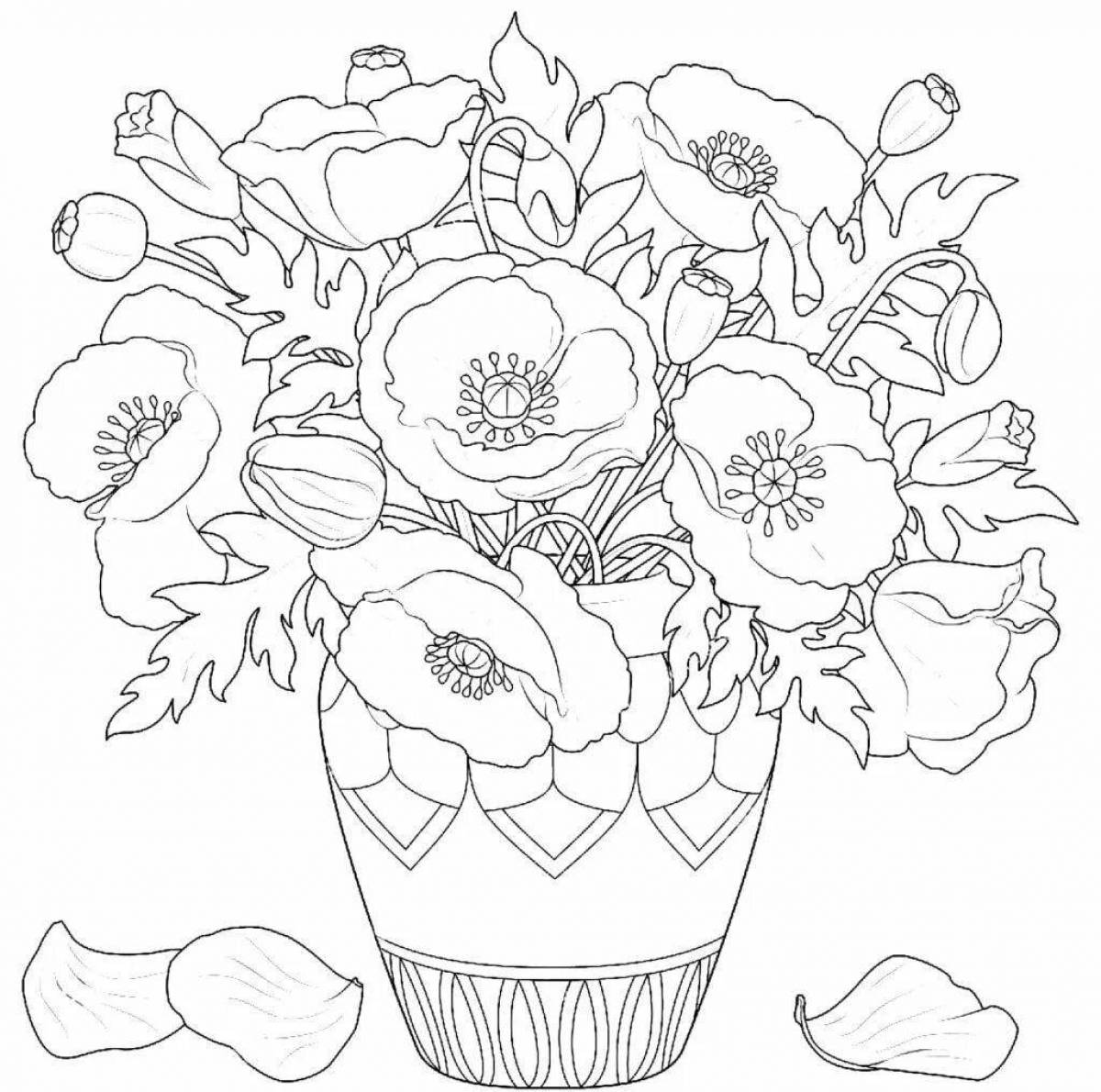 Colouring serene large flowers in a vase