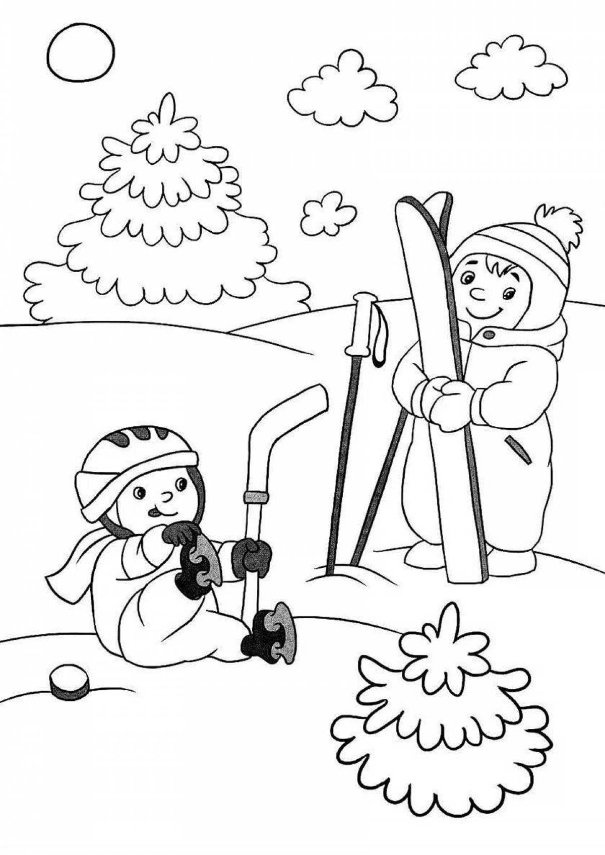 Amazing coloring drawing winter winter in kindergarten